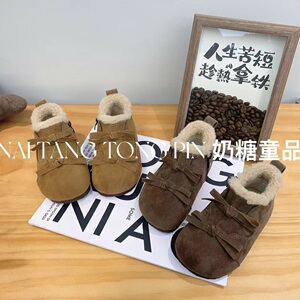 韩版勃肯靴2024冬季加绒百搭双蝴蝶结拉链短靴女童保暖宝宝靴子