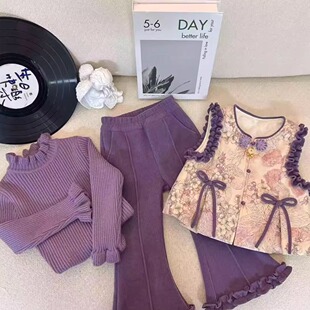 女童冬季套装2025新款国风加棉保暖马甲加绒裤子保暖加毛衣三件套