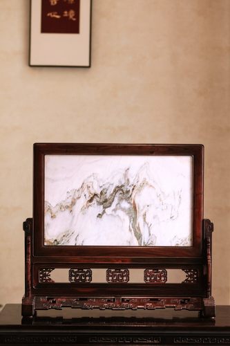 老挝大红酸枝云石大插屏高油密老料榫卯结构案上山水装饰品收藏品