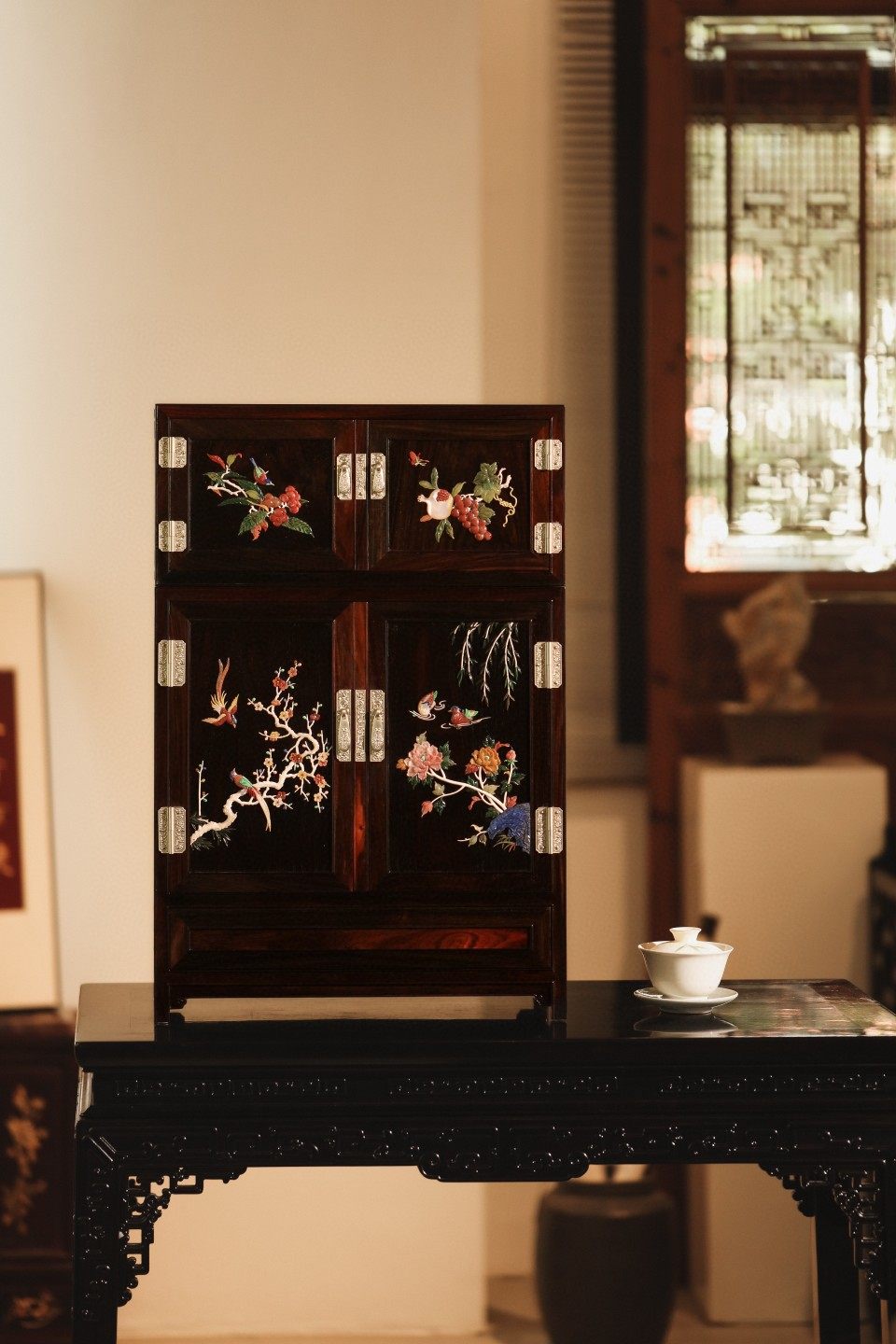 老挝大红酸枝百宝嵌富贵有喜顶箱柜收纳柜榫卯结构制文玩收藏送礼