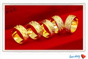 越南沙金男款戒指 镀24K黄金新款男士欧美车花硬圈指环仿真金首饰