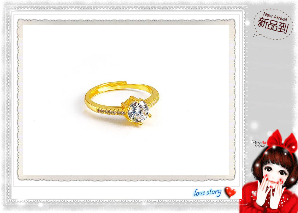 越南沙金戒指 镀24K黄金新款女生莫桑钻微镶锆石仿真黄金开口戒指