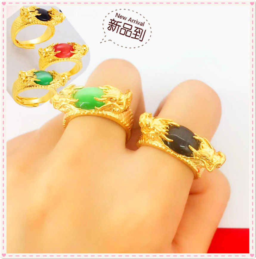 越南沙金戒指  镀24K黄金霸气男士金镶宝石双龙开口沙金戒指