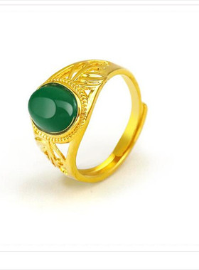 越南沙金女士复古绿宝石开口戒指