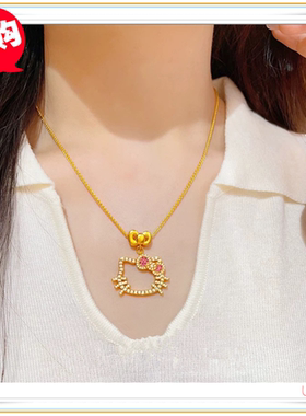 越南沙金项链  镀24K黄金女生满钻镂空点钻KT猫锁骨链 仿真金首饰