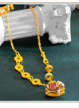 2024新款镀24K黄金烧蓝彩虹小木马吊坠  摇摇木马彩色小跑环项链