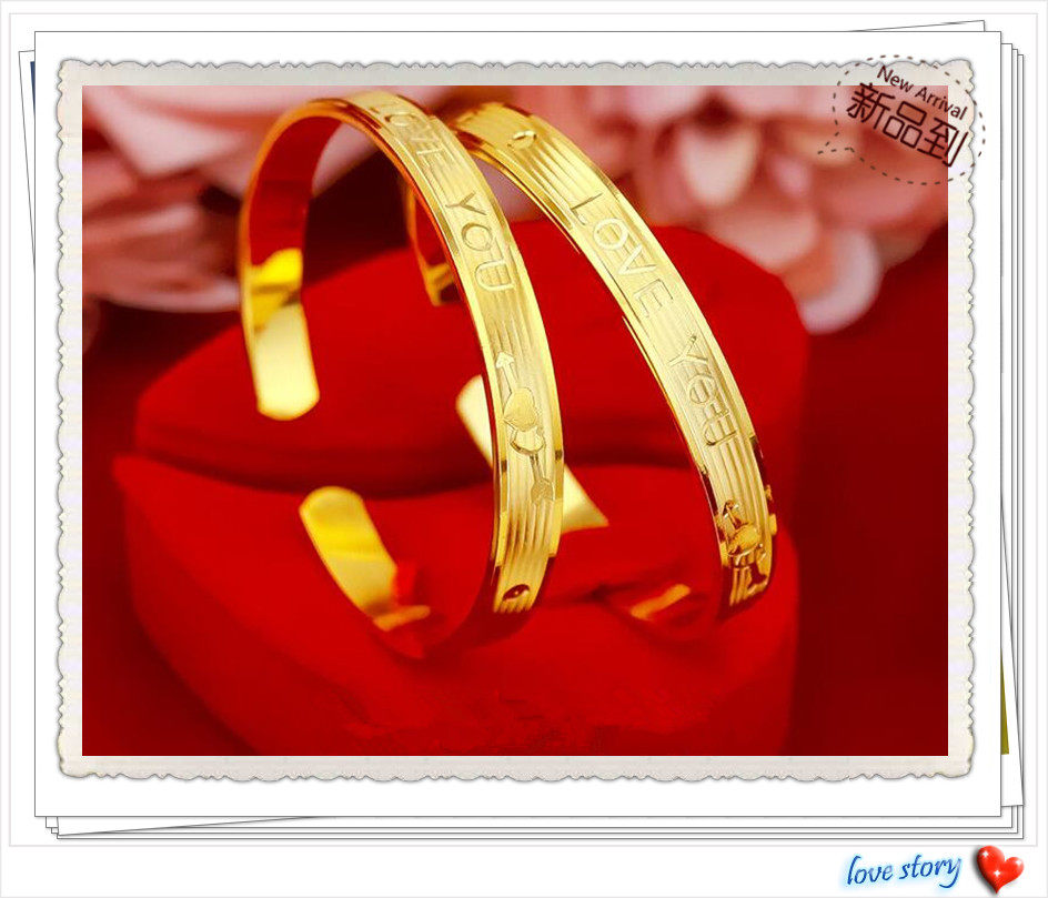 越南沙金手环  镀24K黄金新款女生Love You英文 一箭穿心开口手镯