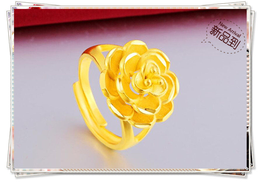 越南沙金戒指  镀24K黄金女士3D硬金玫瑰花 花朵款活口沙金戒指