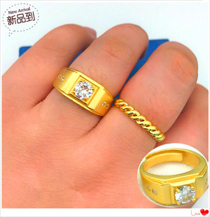 越南沙金戒指男款 镀24K黄金爆款男士镶宝石沙金开口防真黄金戒指