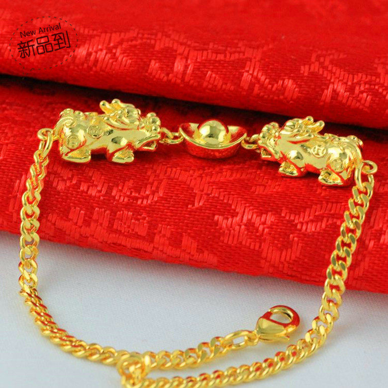 越南沙金手链 镀24K黄金女士双貔貅元宝招财转运沙金手链 不掉色