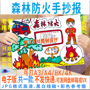 B198森林防火手抄报模板电子版消防安全防火小报黑白线描涂色模板
