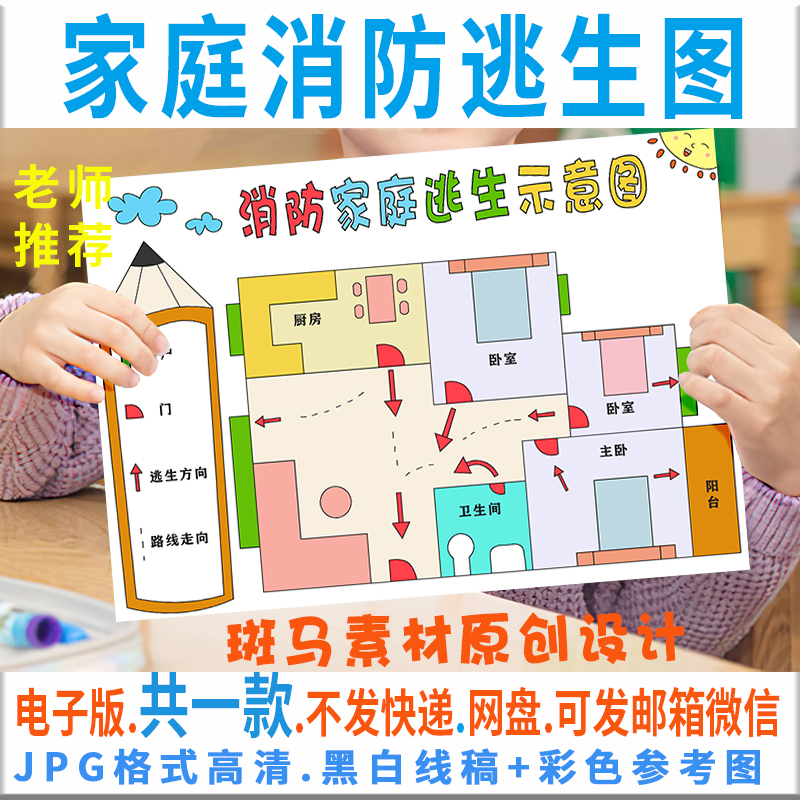 家庭消防疏散逃生示意图手抄报模板电子版小学生黑白