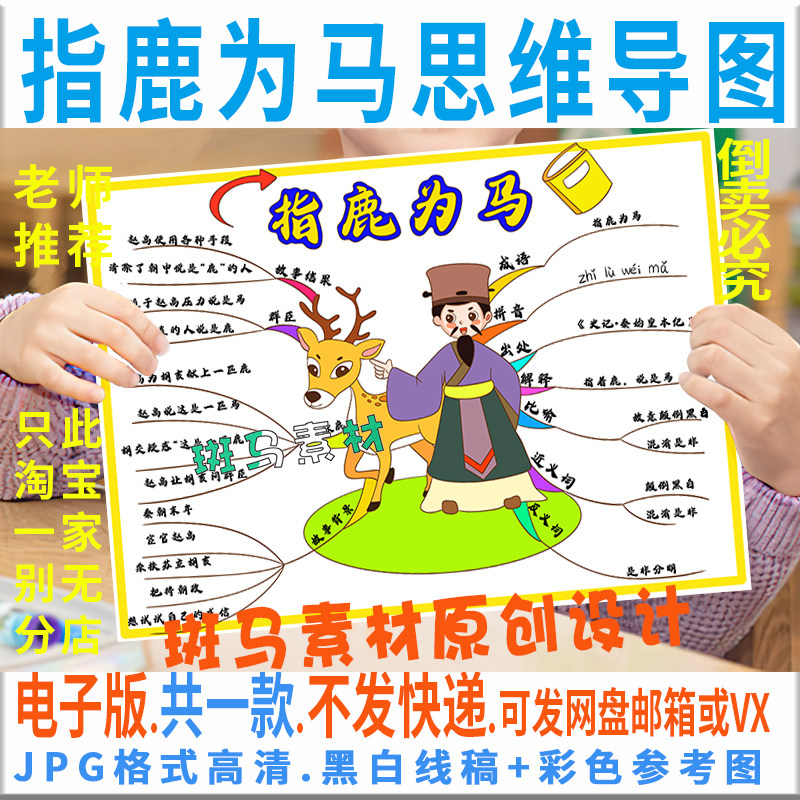 c902中国古代寓言故事指鹿为马思维导图黑白线描可涂色手抄报模板