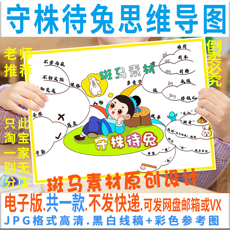 c915中国古代寓言成语故事守株待兔思维导图黑白线描可涂色手抄报