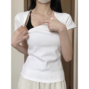 95棉正肩t恤女U领短袖春夏季胖mm大码内搭美式辣妹显瘦漏锁骨上衣