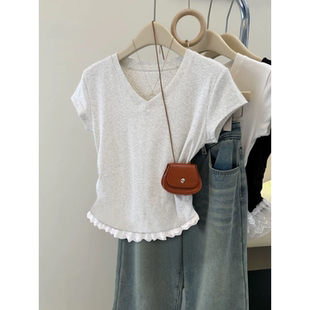 大码 95棉蕾丝v领短袖 T恤女2026夏季 新款 收腰褶皱正肩上衣 胖mm修身