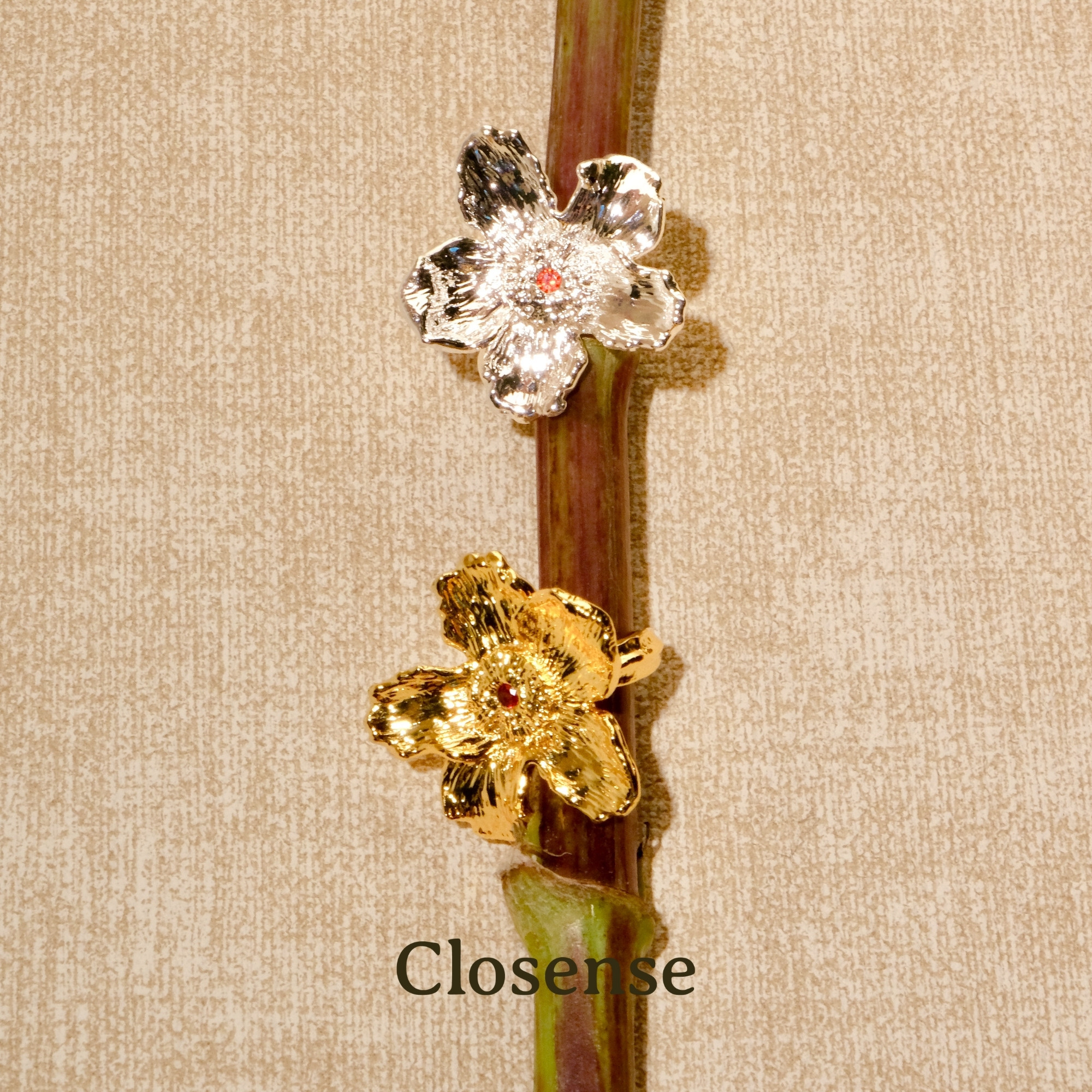CLOSENSE『夹竹桃』原创法式花朵造型指环度假风金银双色开口戒指