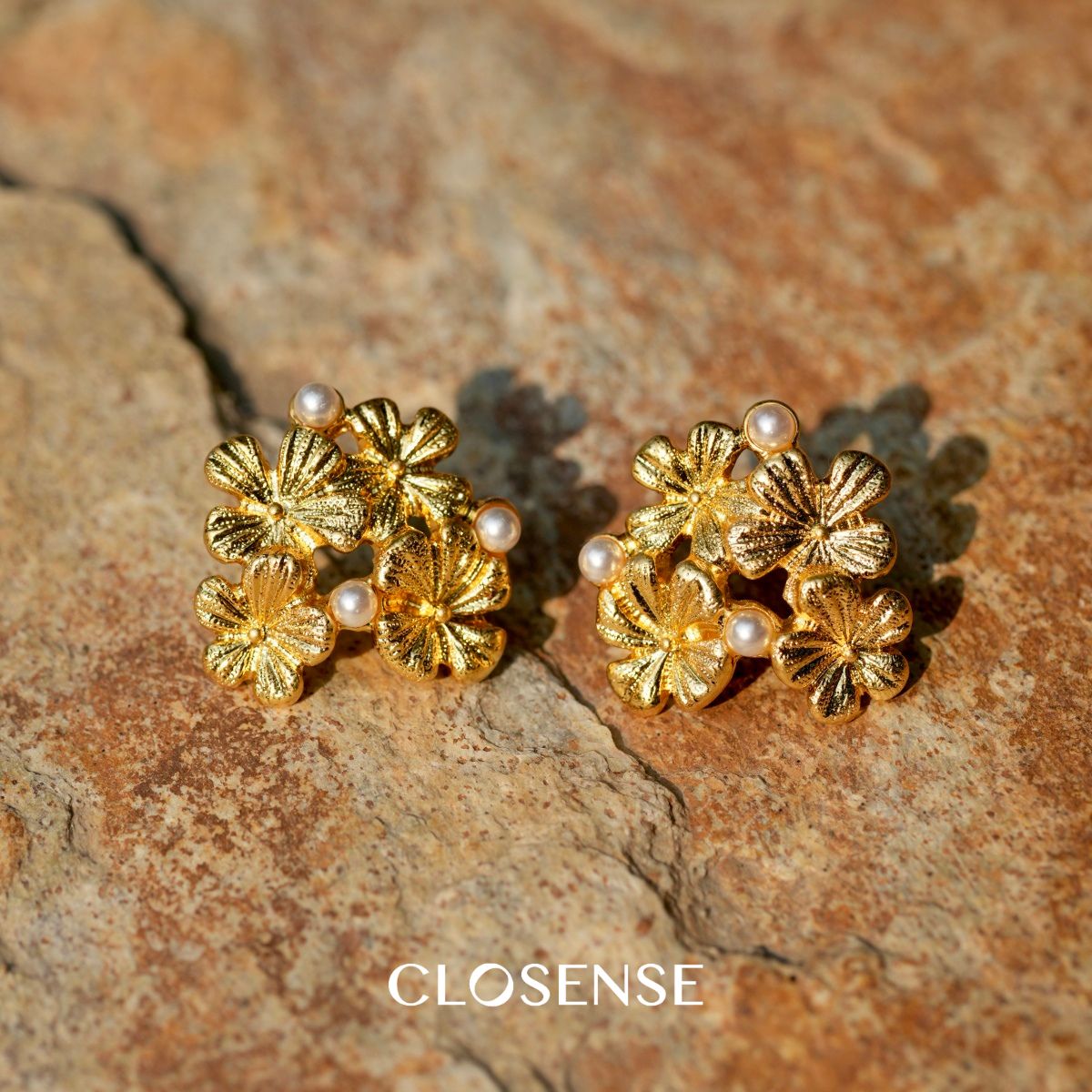 小众设计珍珠耳饰文艺金色花朵