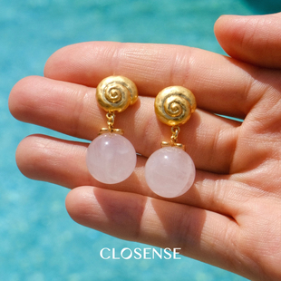 原创粉水晶吊坠耳饰 复古手作海螺度假风耳夹 哈勃岛 CLOSENSE