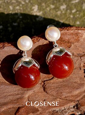 CLOSENSE『朱樱』原创小众设计珍珠红玛瑙耳饰吊坠耳夹送闺蜜礼物