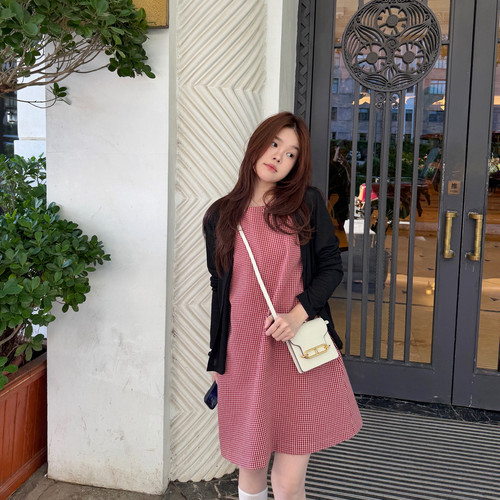 PEARL-2026秋上新小格子背心裙连衣裙