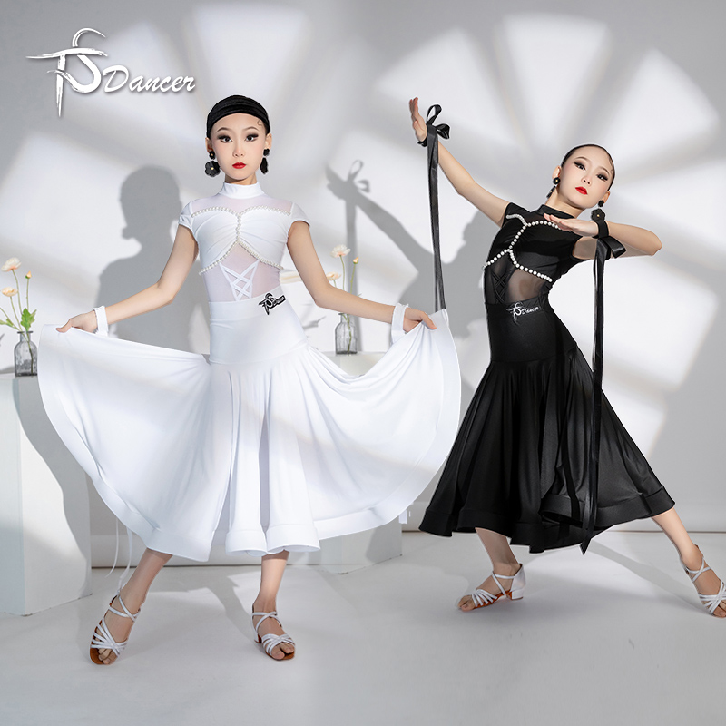 高档摩登舞分体裙新款少儿女童时尚珍珠款国标舞大摆舞裙专用比赛