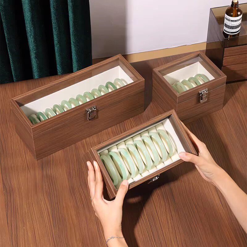 皮质带盖大容量手镯收纳盒水晶手串手链盒玉镯翡翠收藏展示盒