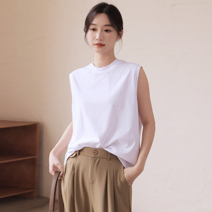 宽松短款 叠穿白色内搭纯棉打底衫 上衣 背心女外穿砍袖 小半高领无袖