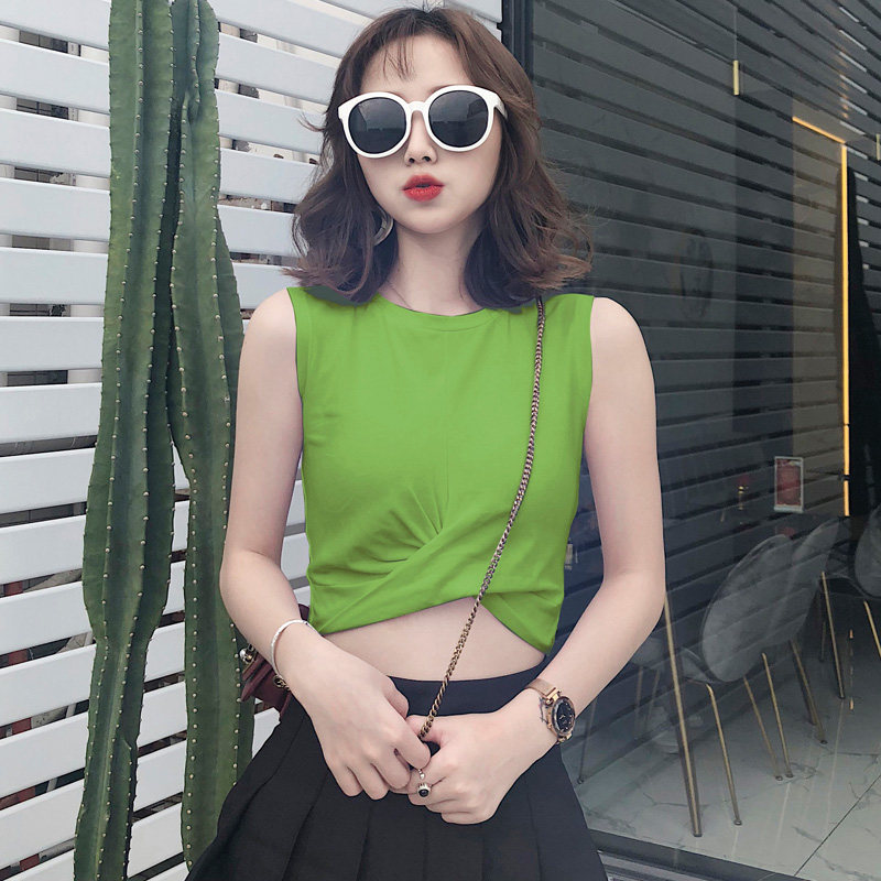 下摆打结交叉背心女外穿坎肩吊带背心短款高腰无袖t恤打底衫上衣