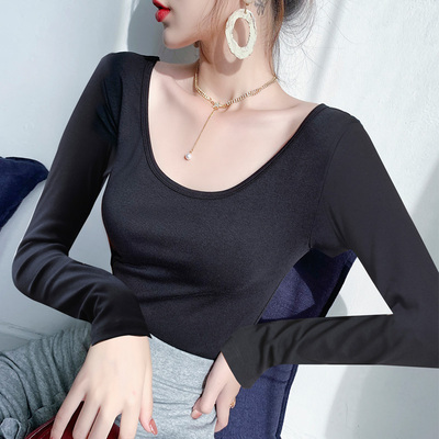 露背长袖t恤女前后双U领大圆领女