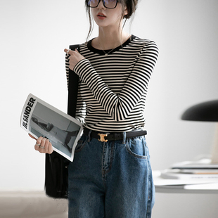 纯棉黑白细横条纹长袖女t恤打底衫内搭2025新款百搭圆领长袖上衣