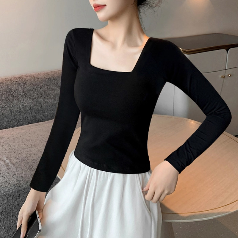 纯棉方领长袖T恤女外穿运动瑜伽舞蹈服紧身内搭打底衫低领口上衣