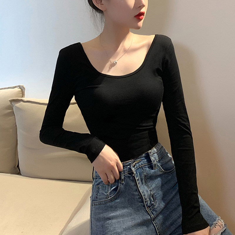 前后U领长袖T恤女大圆领紧身内搭打底衫瑜伽舞蹈服低领口露背上衣,女装/女士精品,T恤,淘宝优惠券,粉丝福利购,淘宝优惠卷