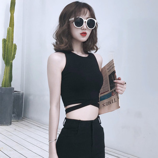 不规则下摆绑带无袖t恤女运动舞蹈露肚脐小衫坎袖背心超短款上衣
