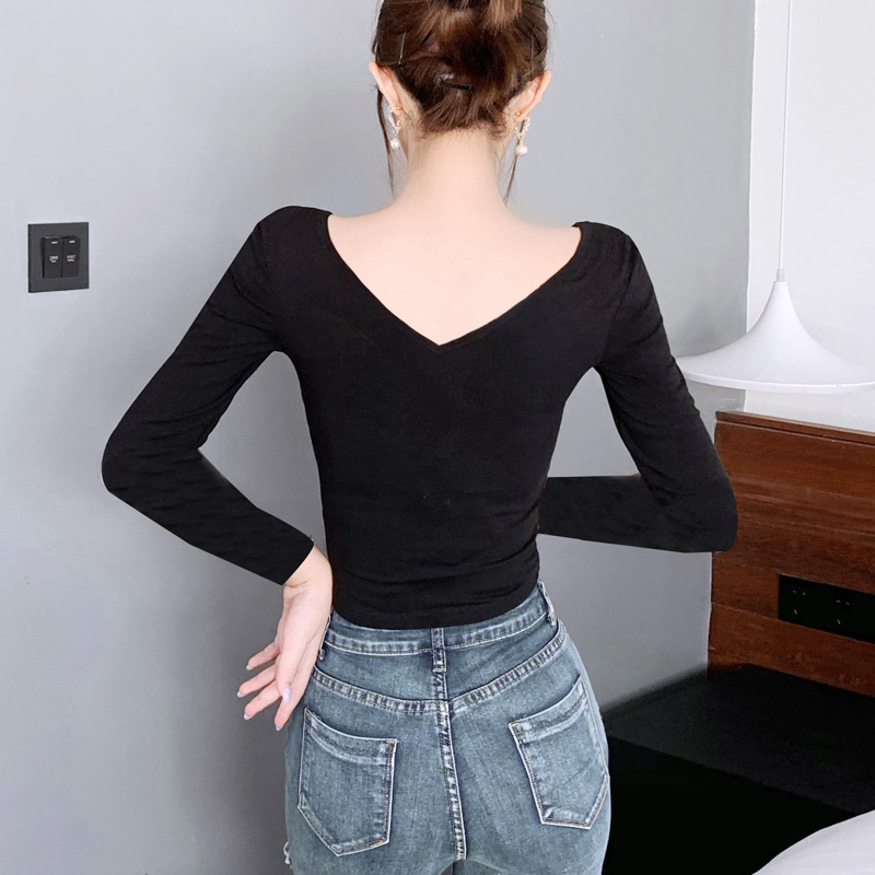 露背长袖t恤女前后双V领短款露脐