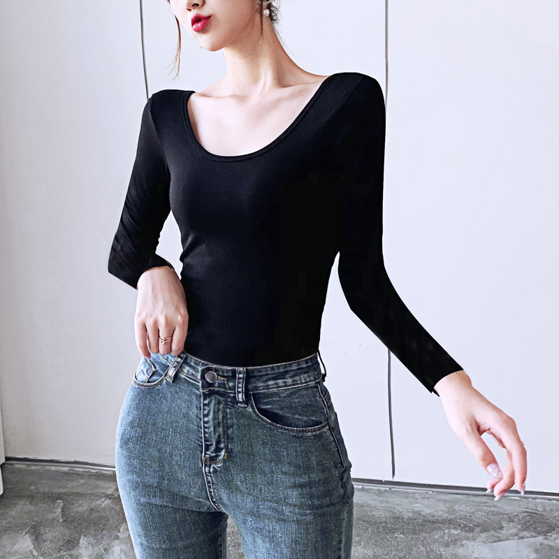 露背长袖t恤女前后双U领短款高腰
