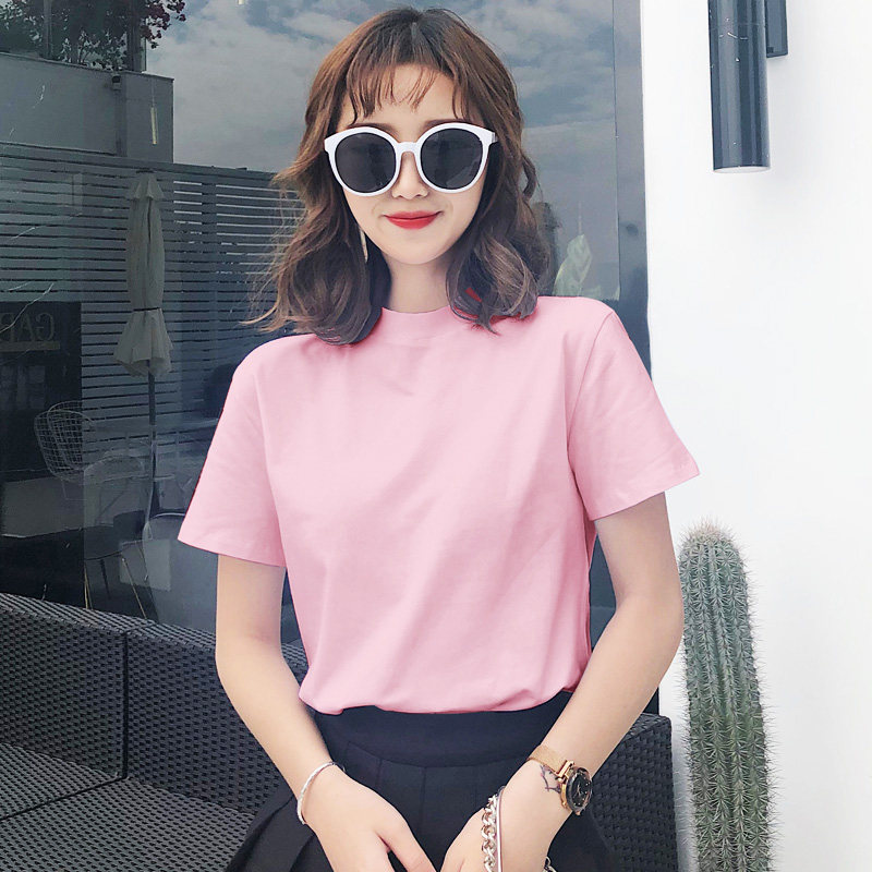 半高领短袖t恤女宽松外穿中领纯棉打底衫白色T恤上衣2025新款夏装
