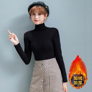 短款高领长袖T恤女半高领中立领保暖紧身内搭打底衫加绒加厚上衣