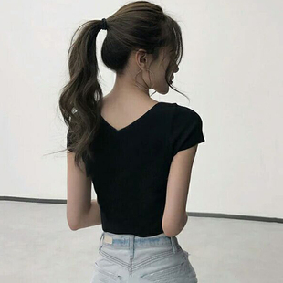 前后大V领鸡心领露背漏锁骨棉短袖黑色T恤女半袖运动舞蹈紧身上衣