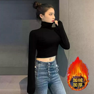 短款露脐长袖T恤女高领堆堆领冬保暖紧身内搭打底衫加绒加厚上衣