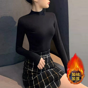 加绒加厚半高领中领长袖女舞蹈打底衫内搭上衣冬短款纯棉t恤高腰