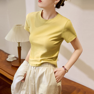 202春新款 紧身内搭打底衫 低领口上衣 T恤女小圆领舞蹈小衫 纯棉短袖