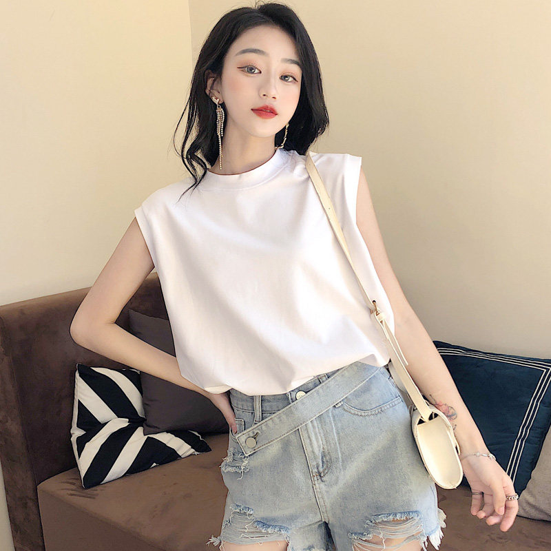 纯棉舞蹈无袖T恤女半高领中立领大码宽松白色内搭打底衫背心上衣