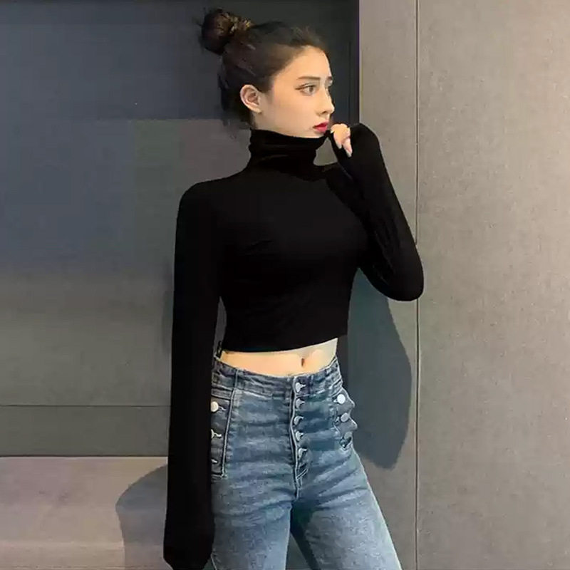 露背长袖t恤女纯棉修身高领堆堆领保暖短款高腰内搭t恤打底衫上衣