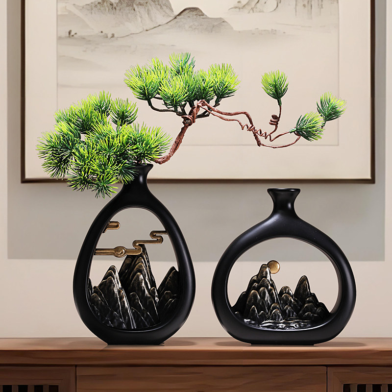 插花瓶黑色新中式客厅小摆件迎客松荼室装饰品禅意工艺品意境假山