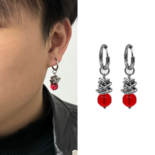 红珠无耳洞耳环男高级感无痛感免打孔耳夹男生红色本命年吊坠耳圈