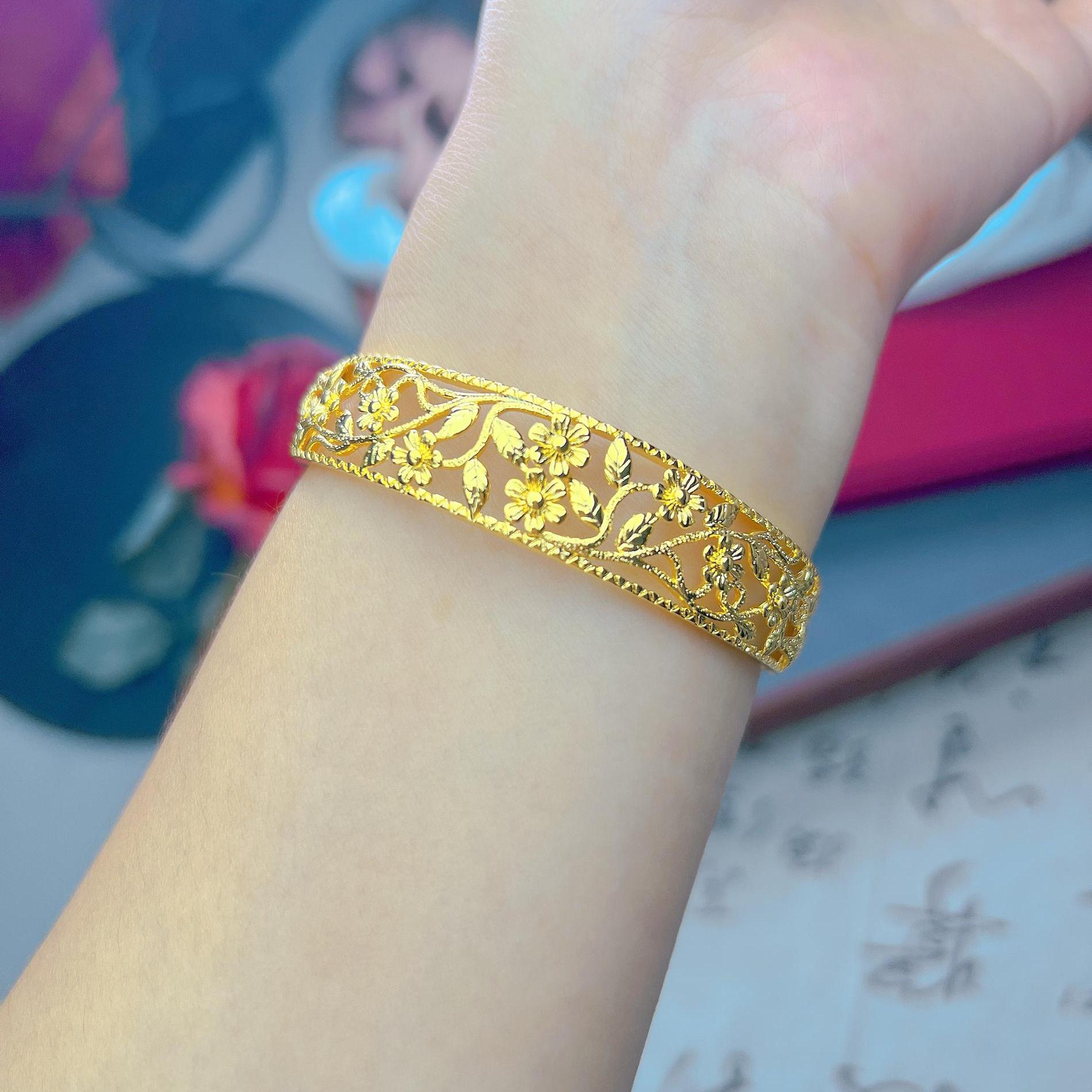 镀黄金手镯镂空花丝宫廷风富贵花开口式镀金镯子新娘结婚三金首饰