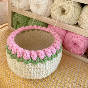 DIY手工郁金香收纳框毛线编织材料包新手入门钩织花朵笔筒摆件篮