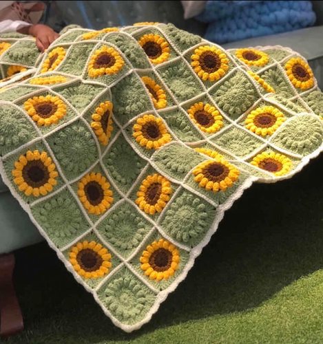 DIY手工毛线编织向日葵花毯子自制盖毯沙发毯钩针材料包