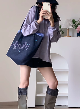 格子牛仔包2025新款大容量女包单肩包撞色高级感蓝色刺绣小众复古